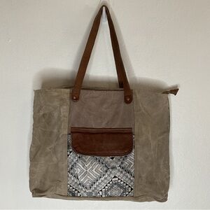 Mona B Canvas Leather Tote Travel Bool Bag Distressed